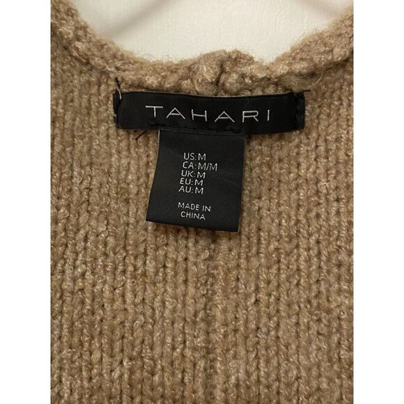 Tahari Cardigan Vest Women Size M Dark Beige Hooded Longline Pockets Sleeveless - Picture 3 of 8